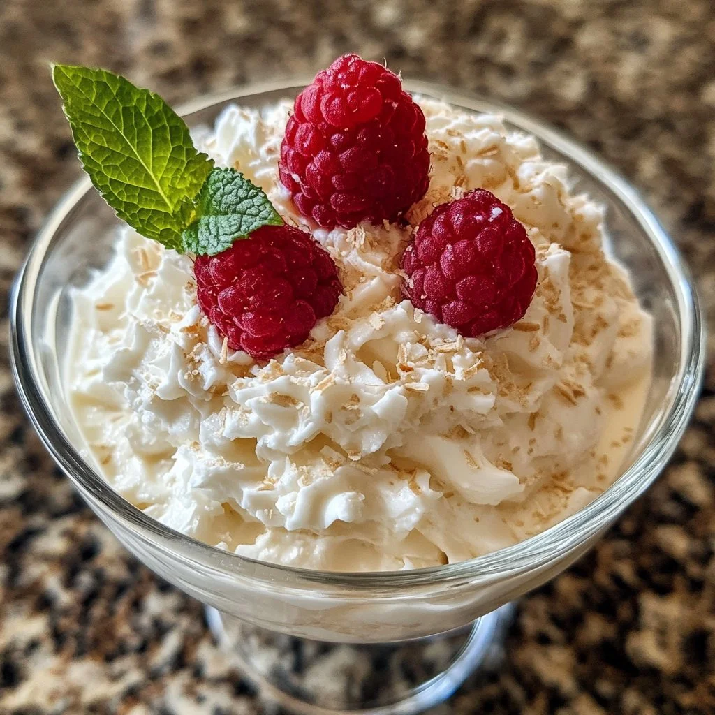 Delicious no-bake Coconut Cream Lush dessert topped with coconut flakes and whipped cream.