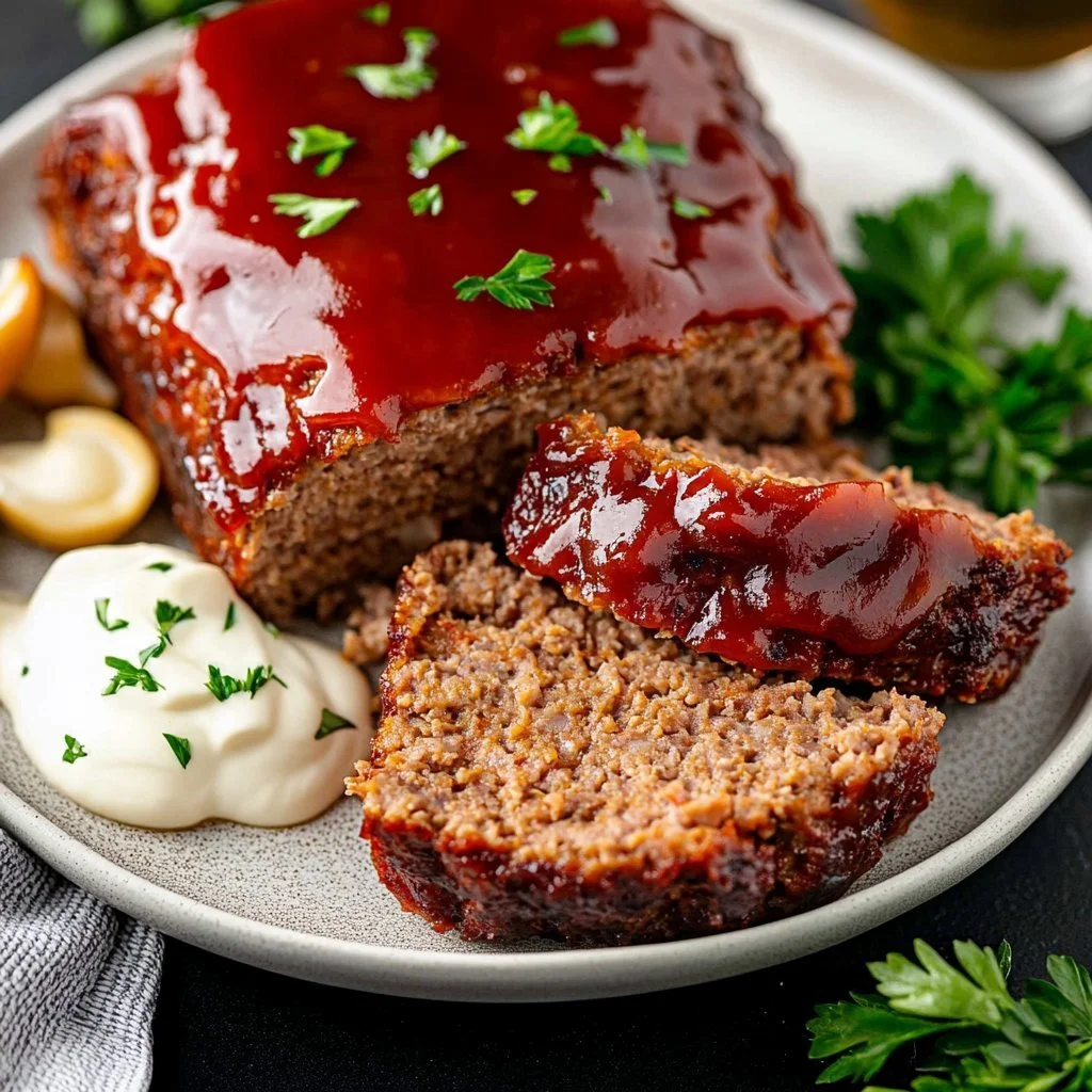 Delicious slice of old-fashioned meatloaf on a plate with mashed potatoes