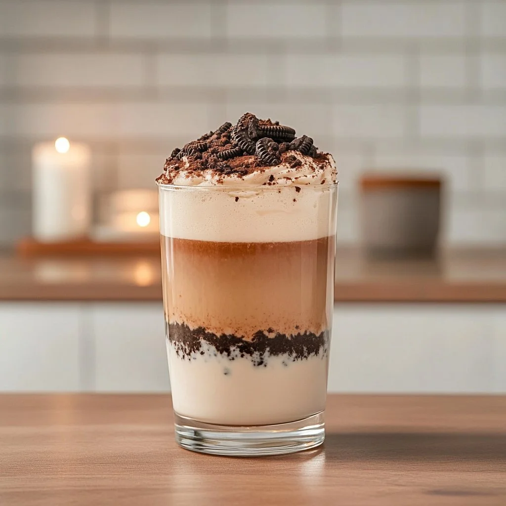 Oreo Milk Tea in a glass topped with crushed Oreos and cream