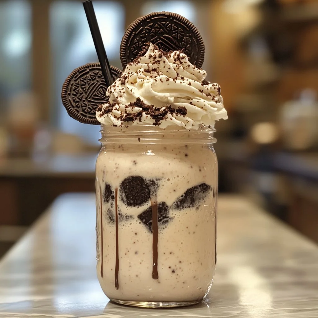 Delicious homemade Oreo Milkshake topped with whipped cream and crushed Oreos