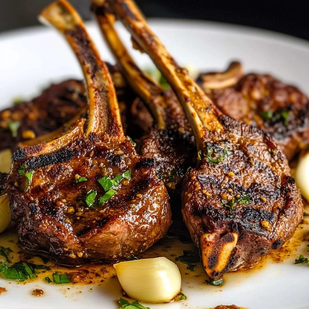 Succulent oven baked lamb chops garnished with herbs and spices
