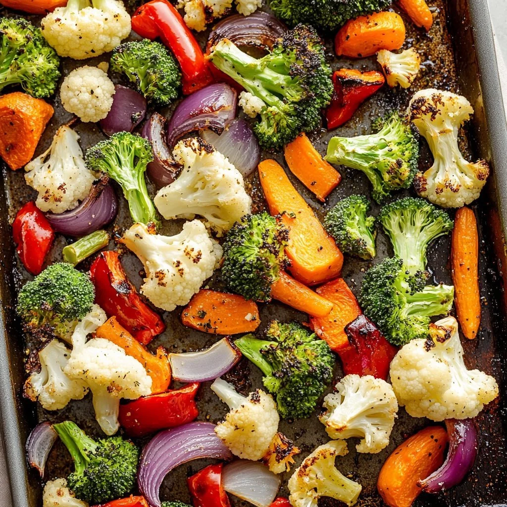Colorful assortment of oven roasted vegetables including carrots, broccoli, and bell peppers.