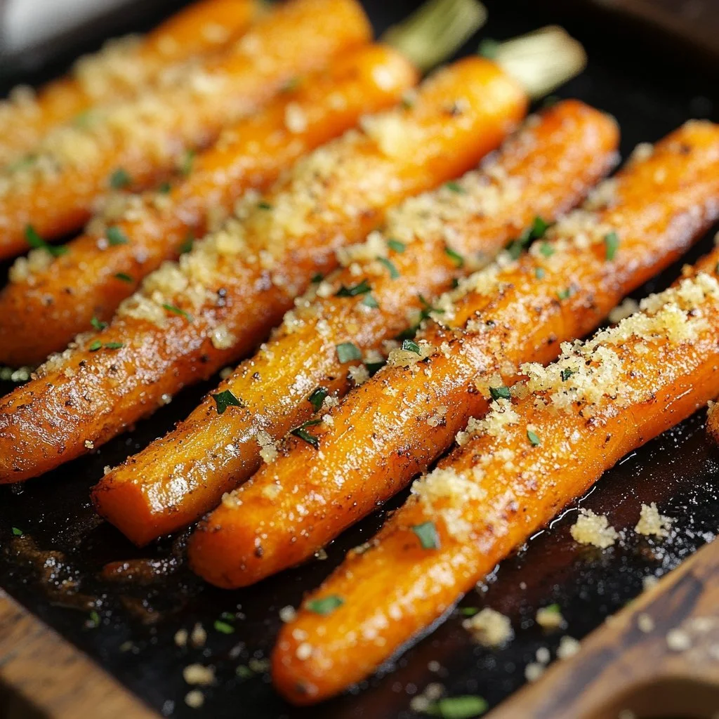 Deliciously baked Parmesan Roasted Carrots topped with parmesan cheese.