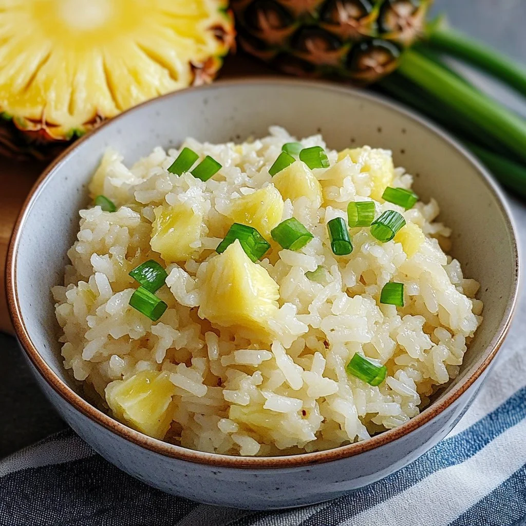 Delicious pineapple rice served in a bowl with fresh pineapple chunks