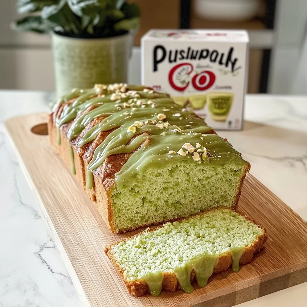 Delicious homemade Pistachio Pudding Bread served on a wooden table