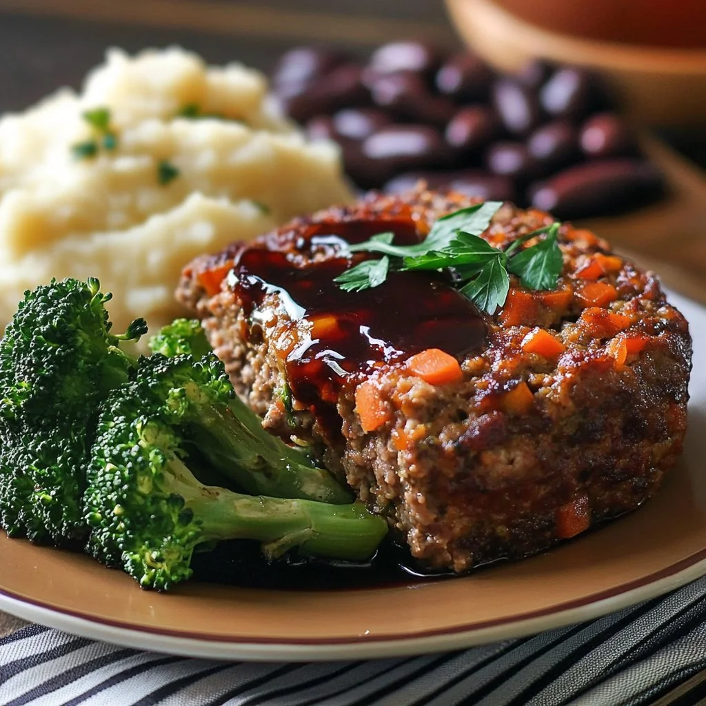 Plant-based vegetable meatloaf topped with a rich balsamic glaze.