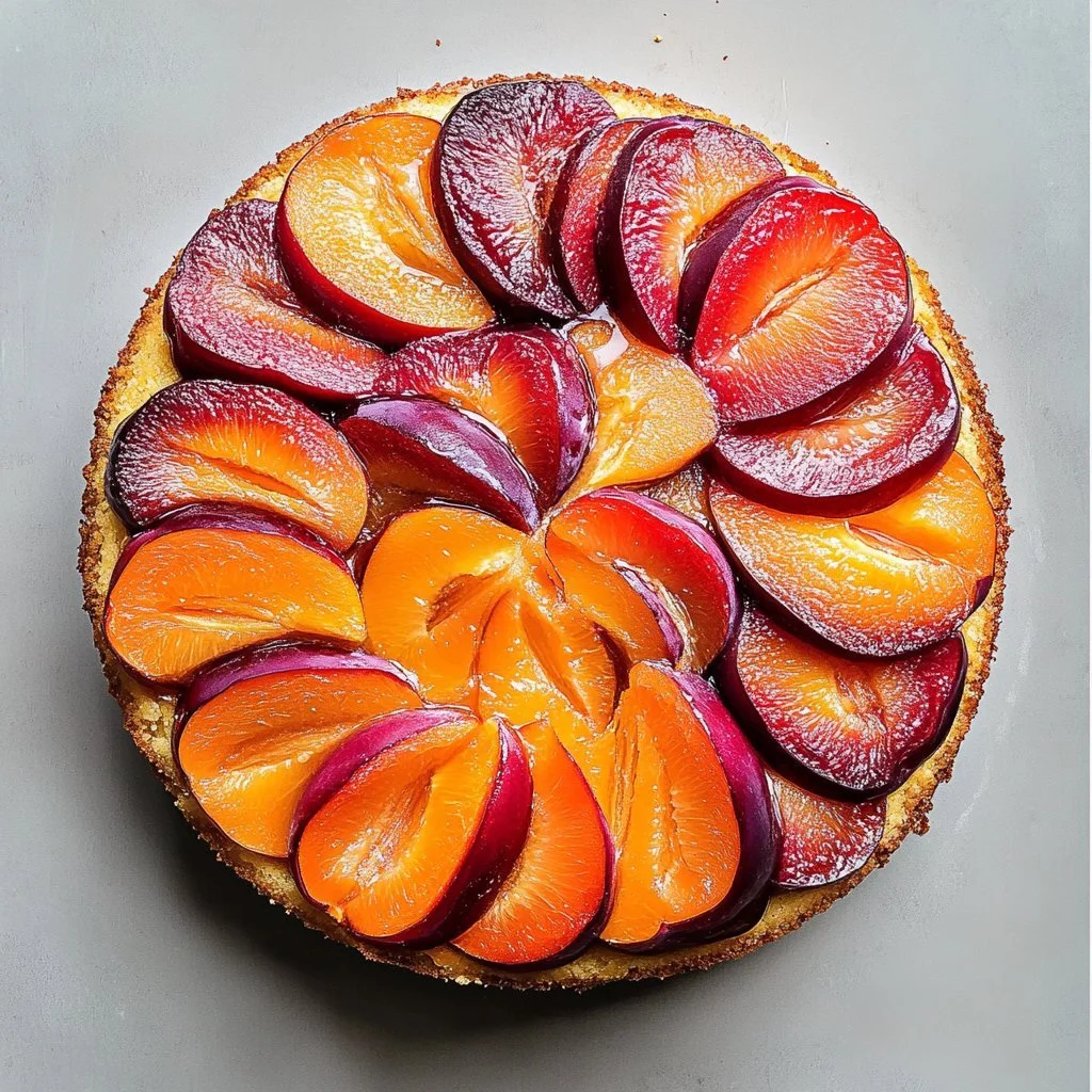 Moist Plum and Apricot Cake topped with fresh fruit slices