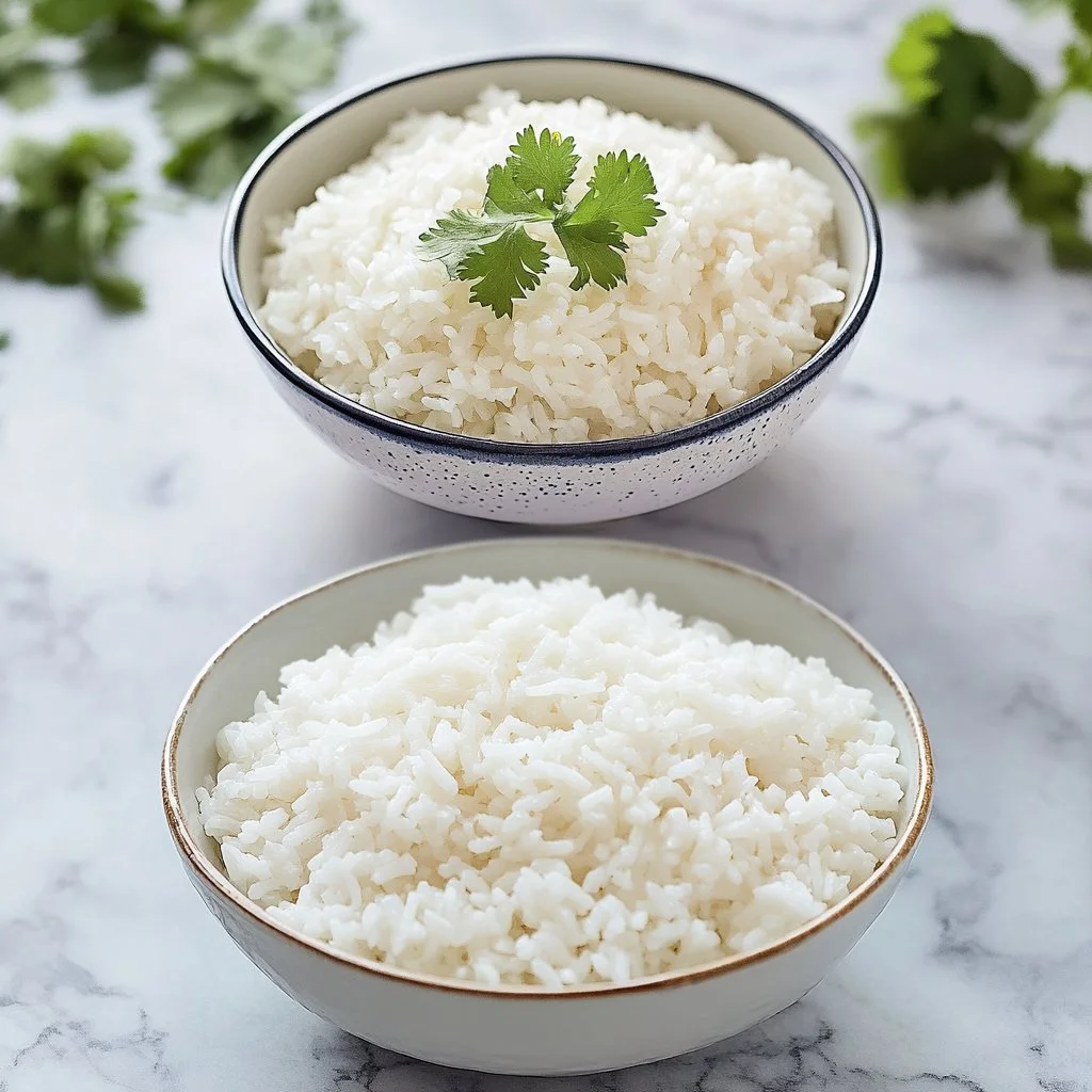 Delicious coconut rice made in a rice cooker alongside a tropical dish