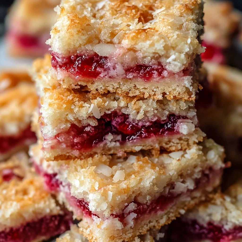 Delicious homemade Raspberry Coconut Bars with fresh raspberries and coconut flakes