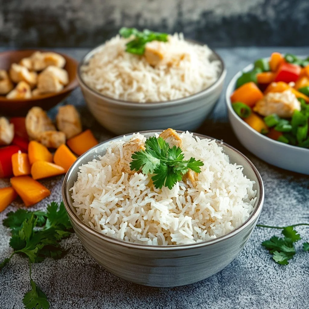 Delicious rice cooker coconut rice served in a bowl with fresh herbs.