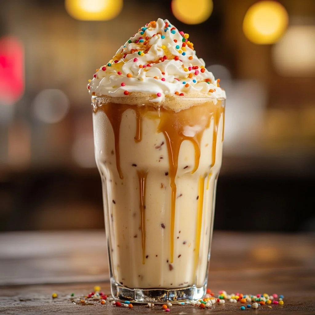 Salted caramel banana milkshake topped with whipped cream and caramel drizzle