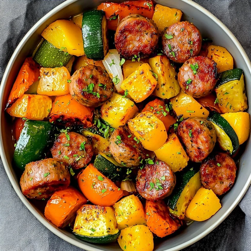 Sheet pan sausage and vegetables dish served on a rustic wooden table.