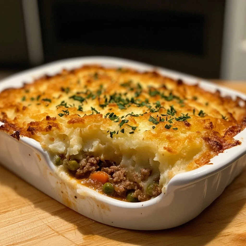 Delicious homemade Shepherd's Pie with savory meat and creamy mashed potatoes.