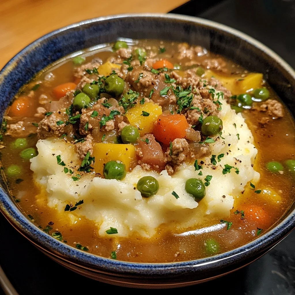 Bowl of delicious Shepherd's Pie Soup topped with fresh herbs