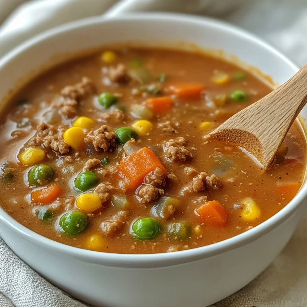 Bowl of hearty Shepherd's Pie Soup with vegetables and mashed potatoes
