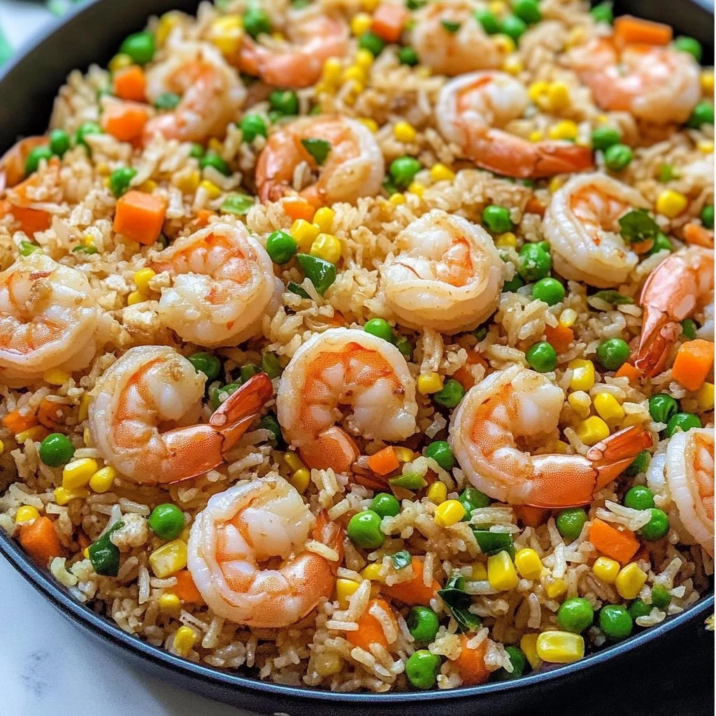 Delicious shrimp fried rice served in a bowl with vegetables and seasoning