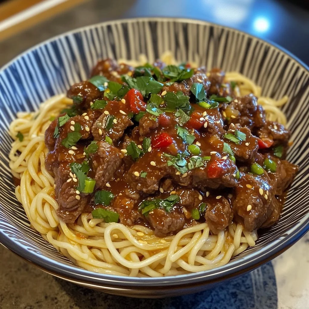 A delicious plate of simple beef and noodles garnished with herbs