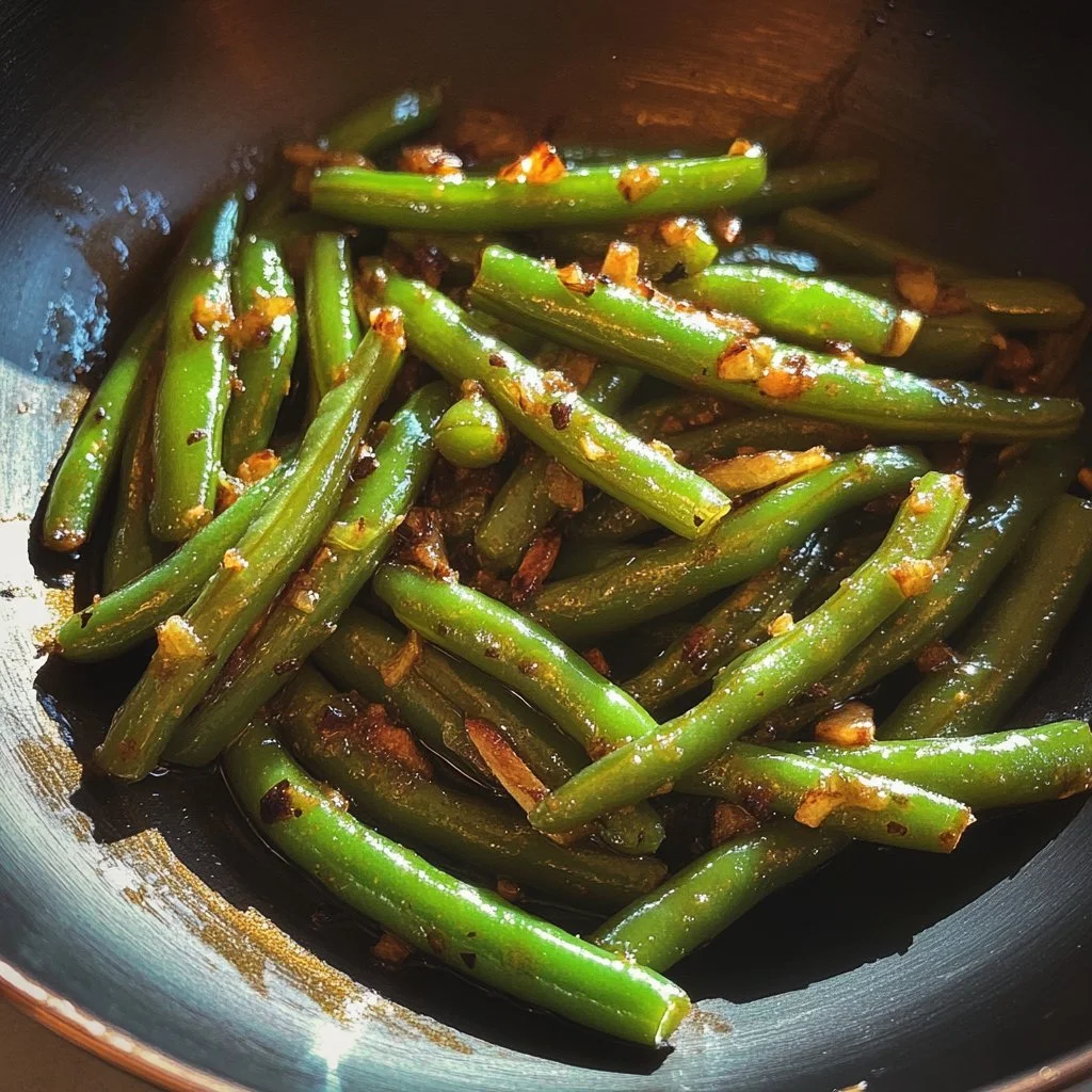 Freshly cooked simple green beans side dish on a plate