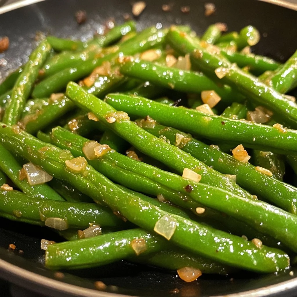 Plate of tasty simple sautéed green beans garnished and ready to serve