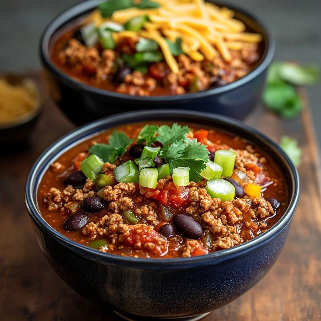 Bowl of slow-cooker turkey chili topped with fresh herbs and jalapeños.