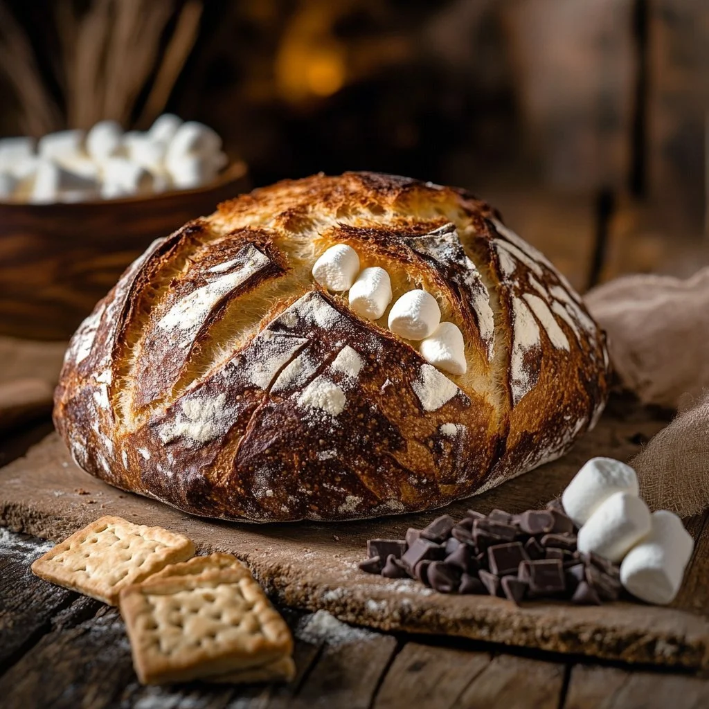 Homemade S'more Sourdough Bread with chocolate and marshmallows