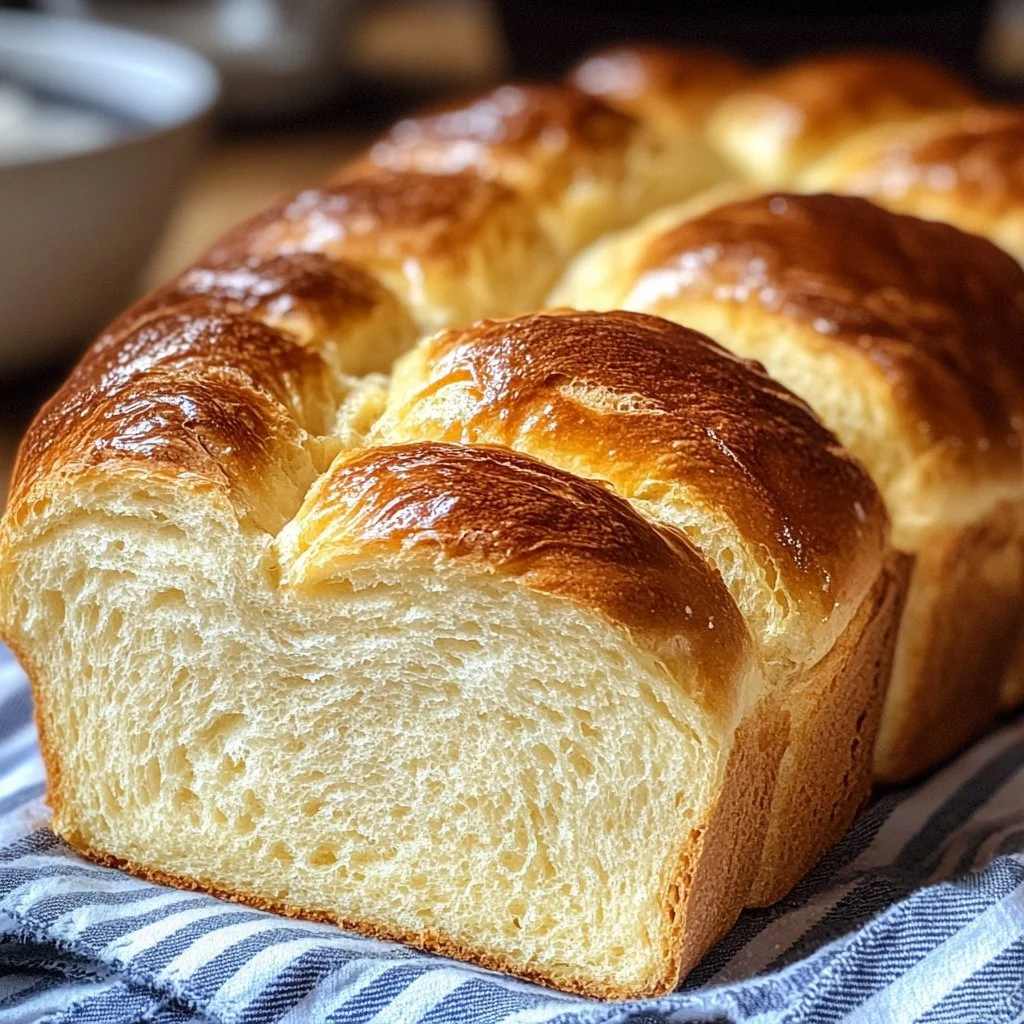 Freshly baked soft brioche bread on a kitchen counter.
