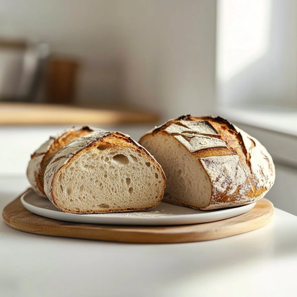 Freshly baked sourdough bread with a rustic crust and airy interior