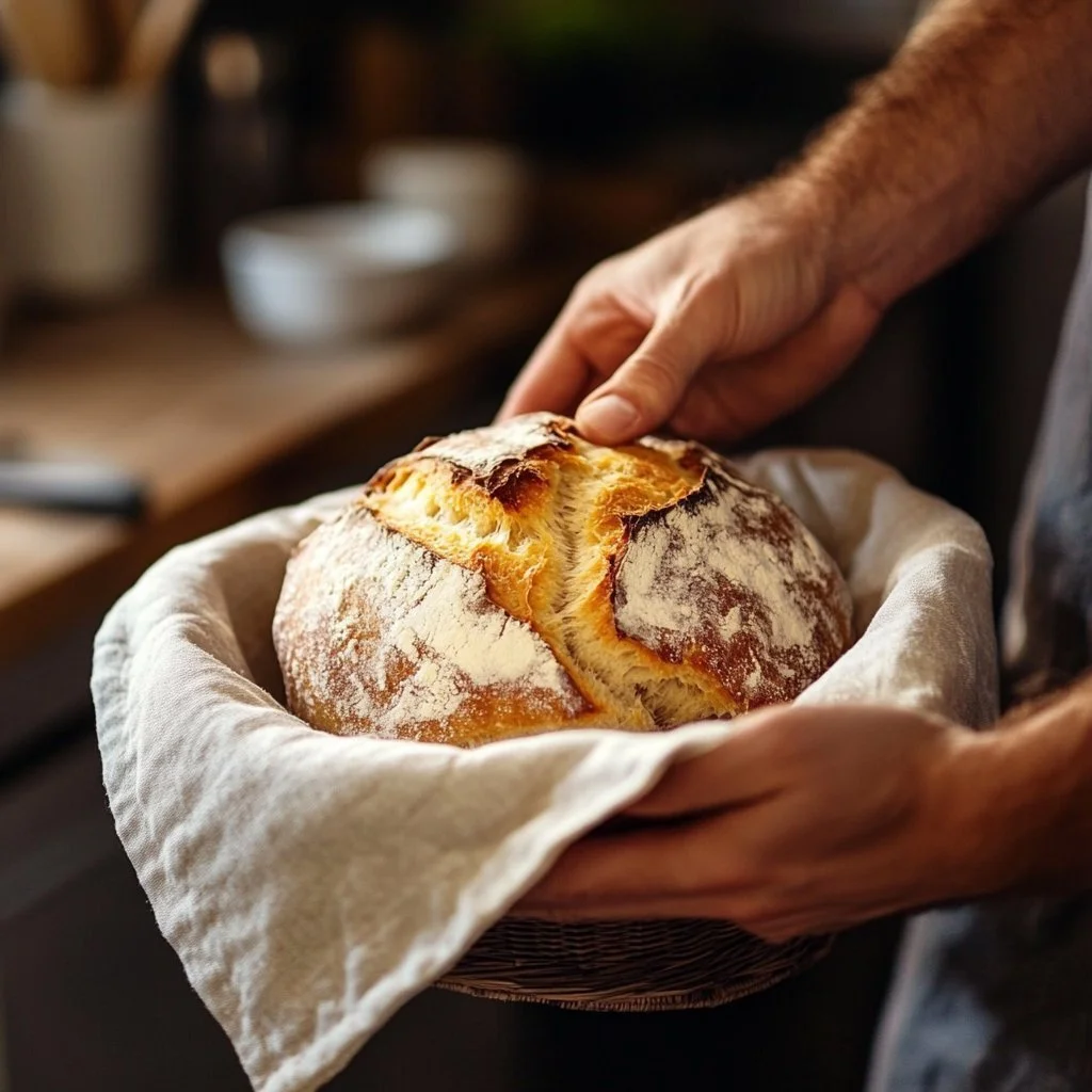 Freshly baked sourdough sandwich bread loaf on a wooden cutting board.
