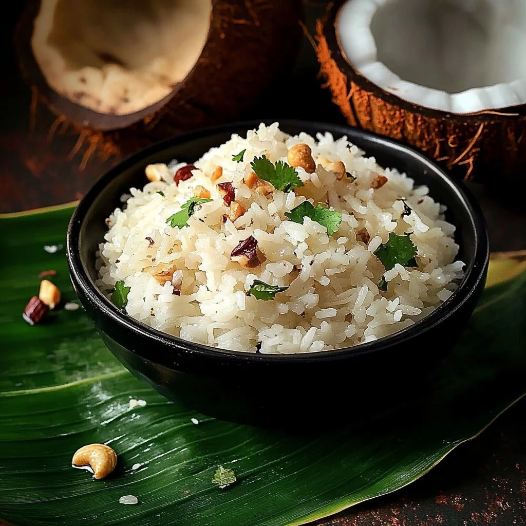 Bowl of South Indian Coconut Rice garnished with fresh coconut and herbs