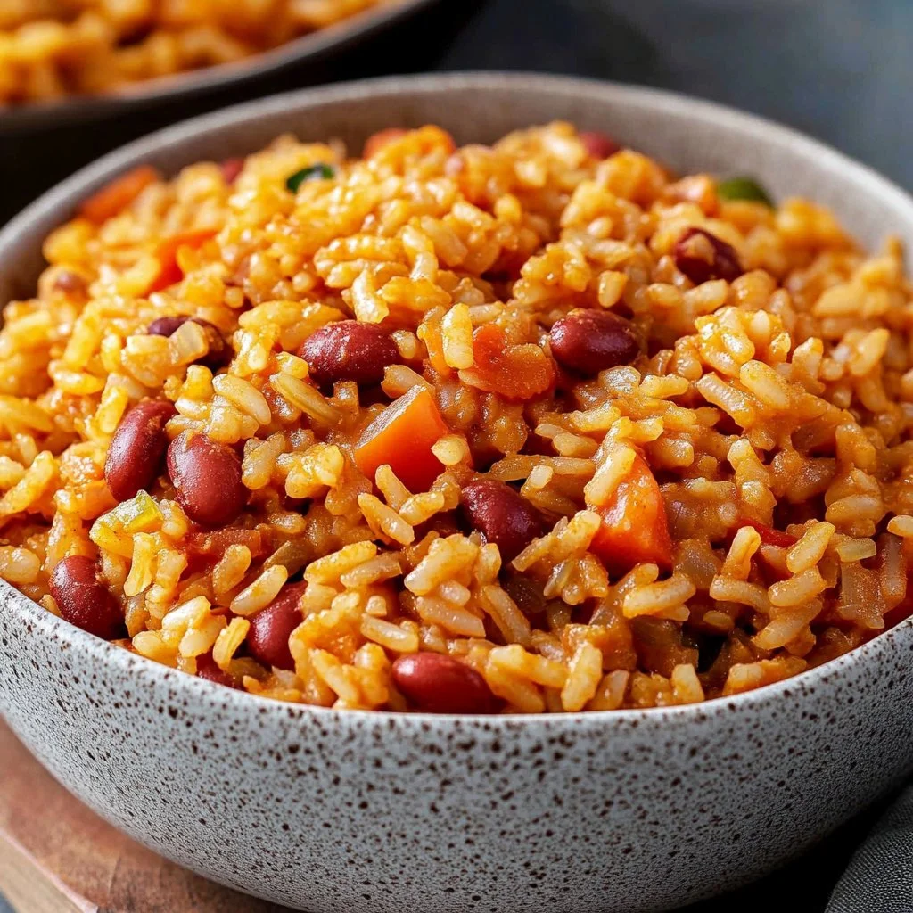 A vibrant plate of Spanish Rice and Beans served with fresh herbs and spices.