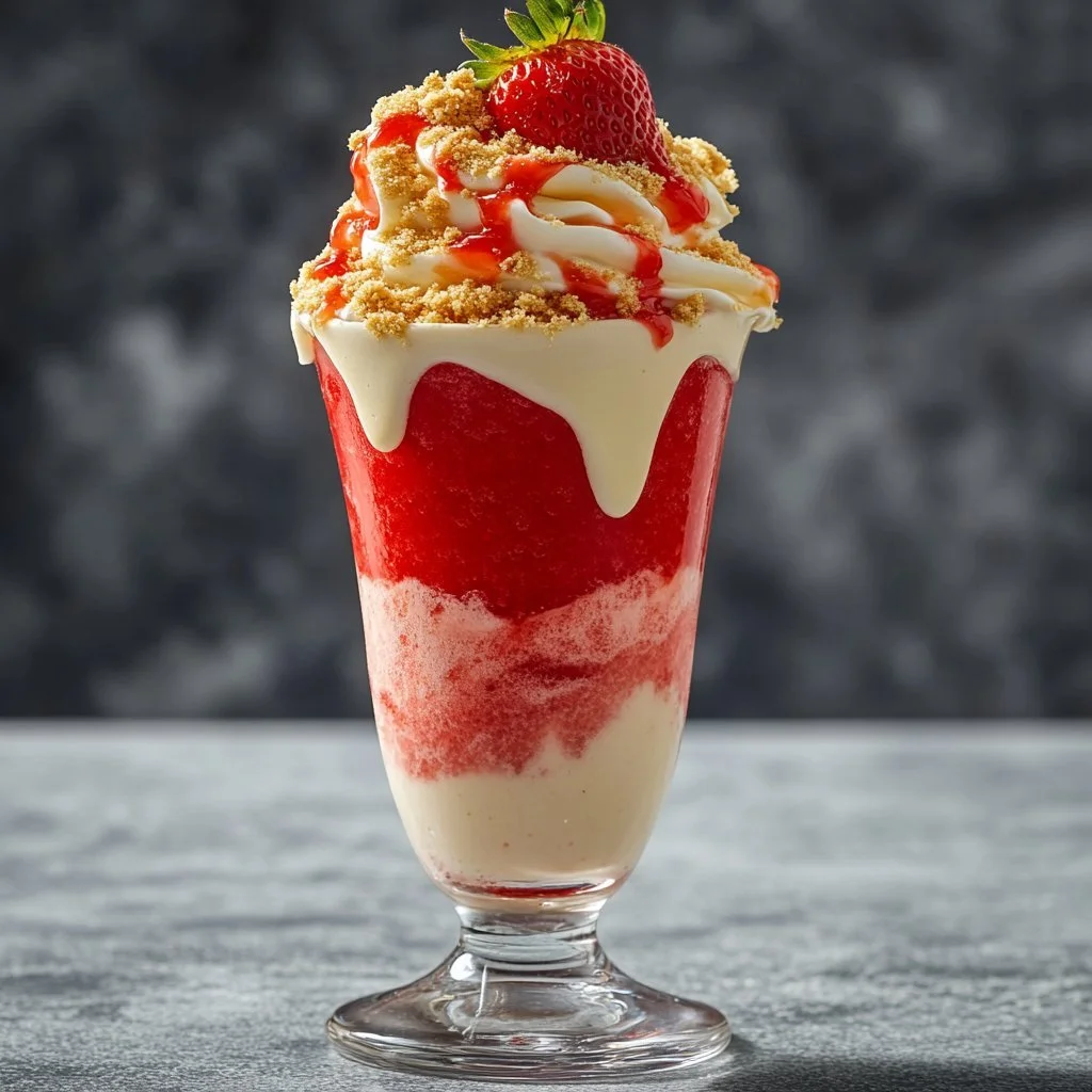 Creamy strawberry cheesecake milkshake topped with fresh strawberries