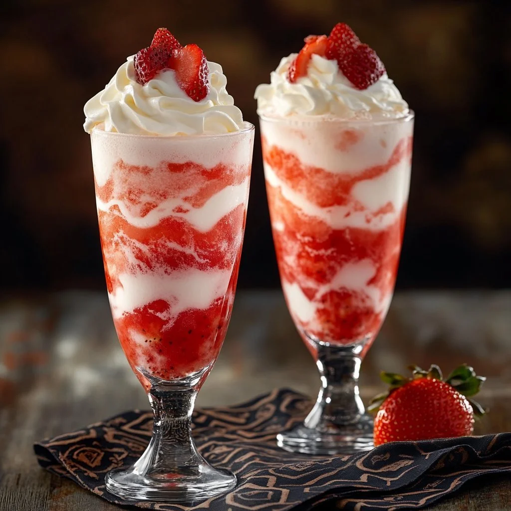 Glass of strawberry cream soda topped with whipped cream and fresh strawberries