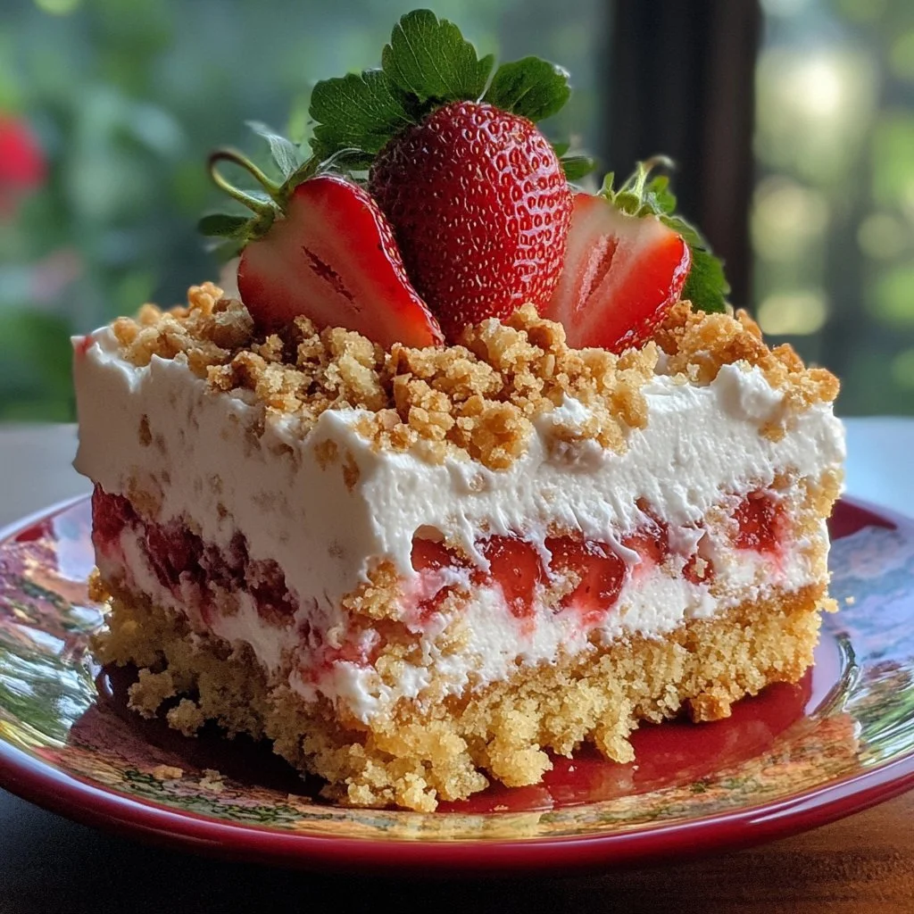 A delicious Strawberry Crunch Poke Cake topped with strawberry crunch and whipped cream