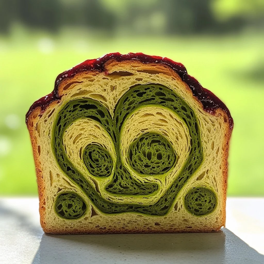 Freshly baked Strawberry Matcha Sourdough Loaf showcasing vibrant pink and green colors.