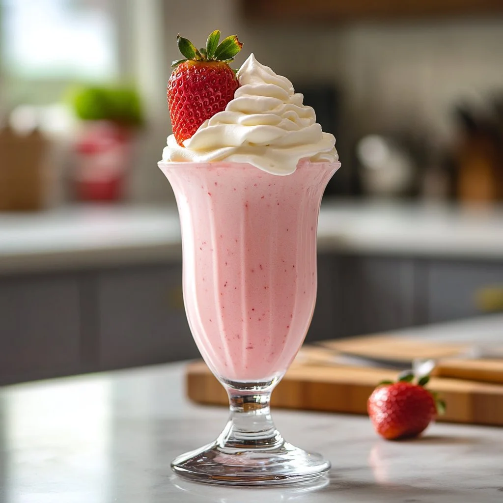 Delicious strawberry milkshake with whipped cream and fresh strawberries