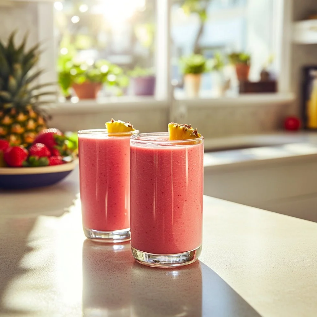 A refreshing Strawberry Pineapple Smoothie in a glass with garnished fruit.