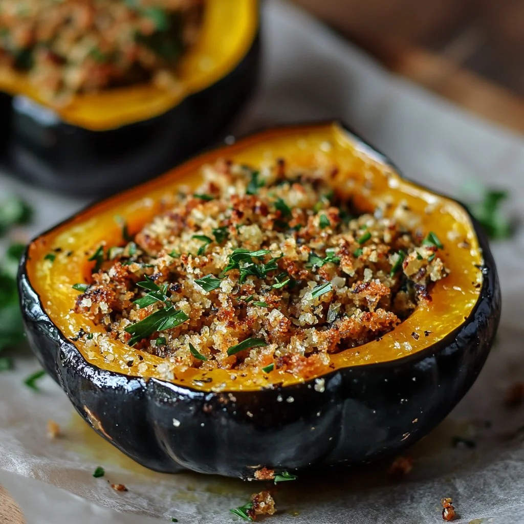 Stuffed baked acorn squash with a savory filling served in a rustic dish