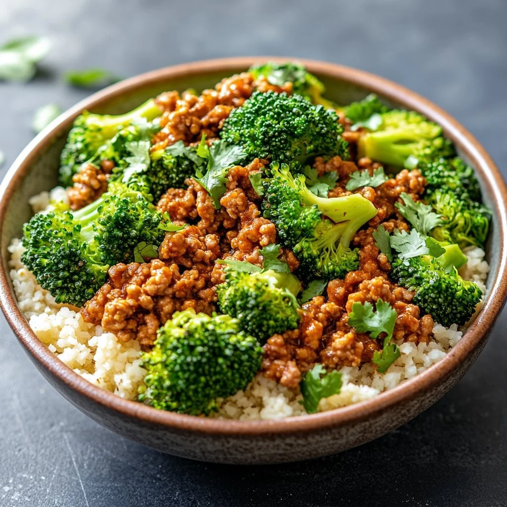 Delicious Sweet and Spicy Ground Turkey & Broccoli Bowls served in a stylish dish