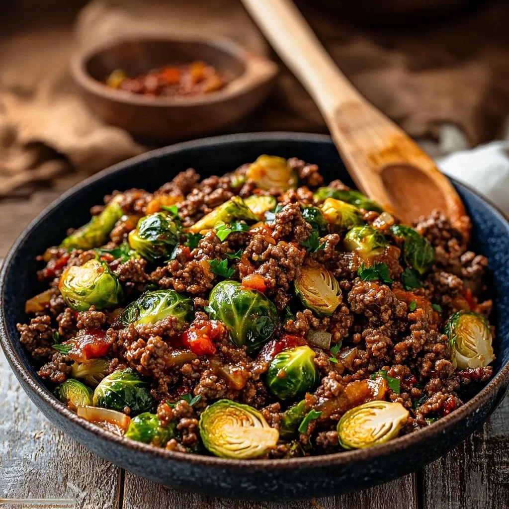 Sweet Chili Ground Beef served with Brussels Sprouts in a delicious dish