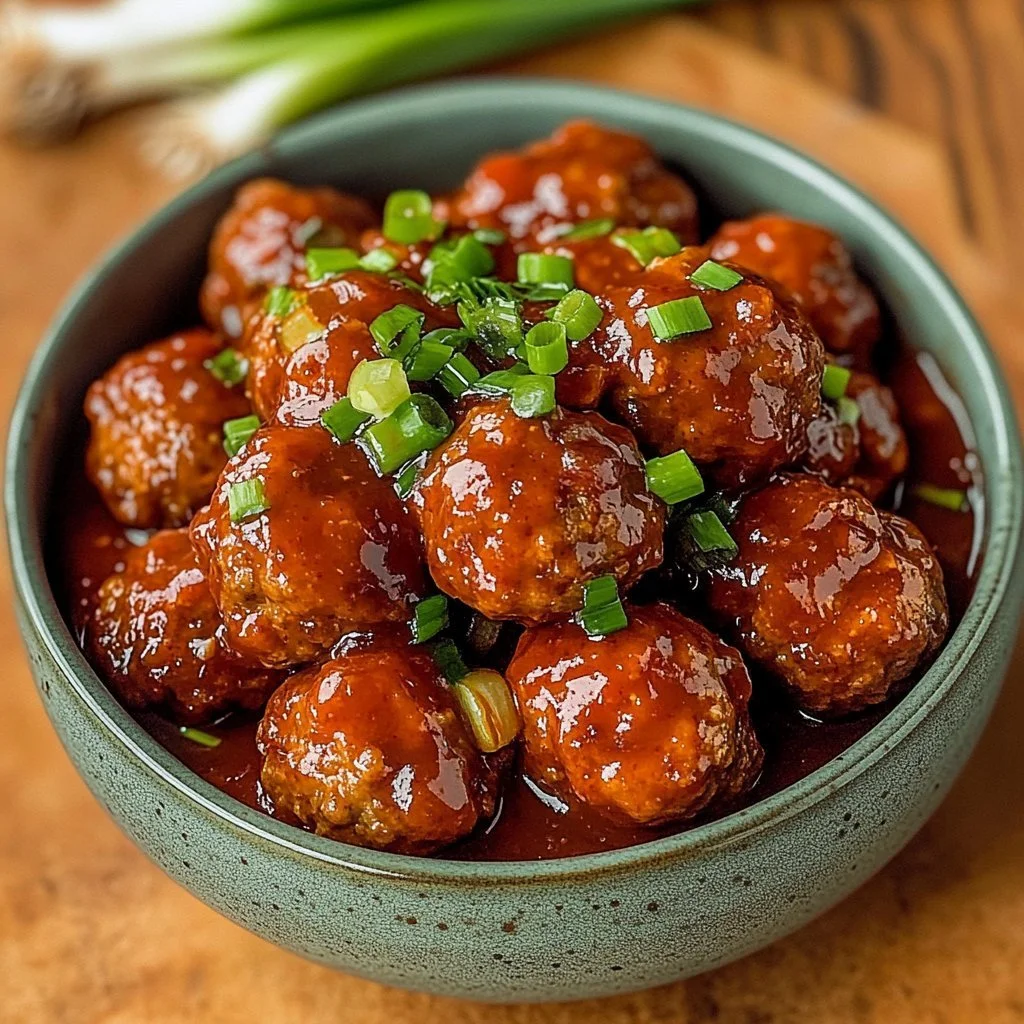 Plate of sweet chili meatballs garnished with herbs