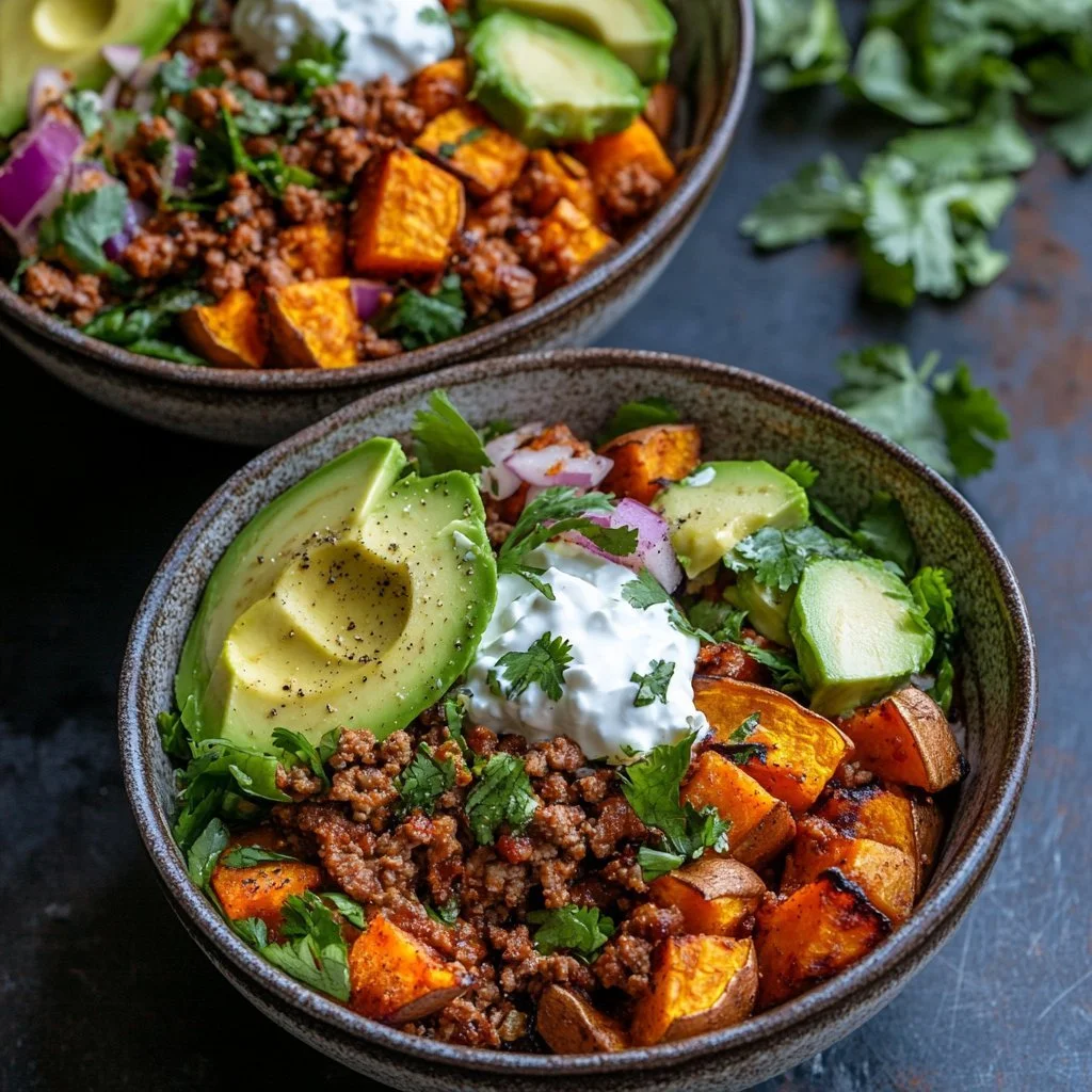 Delicious Sweet Potato Taco Bowl topped with fresh ingredients