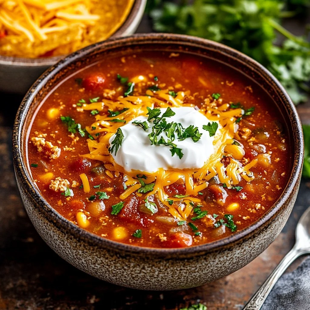 Bowl of steaming taco soup garnished with cheese, cilantro, and tortilla strips