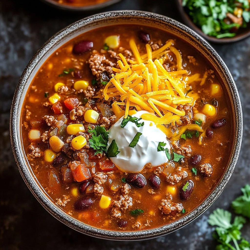 Bowl of flavorful Taco Soup topped with cheese and cilantro