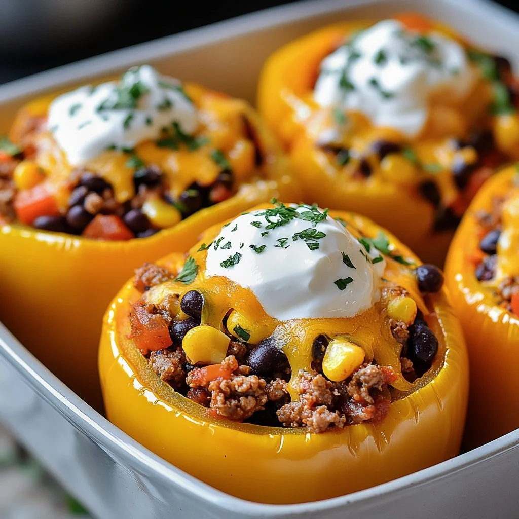Colorful taco stuffed peppers filled with seasoned meat and cheese
