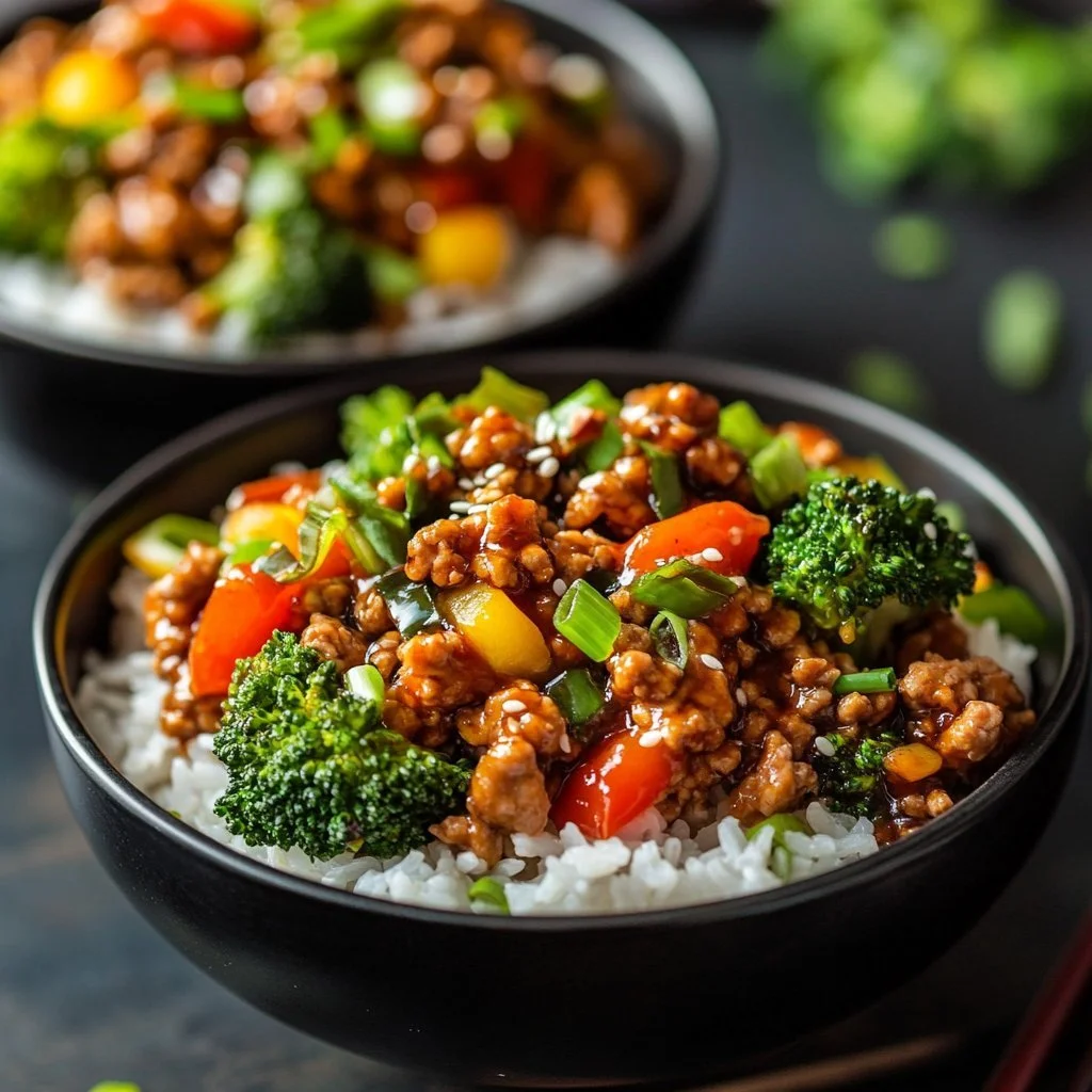 Delicious Teriyaki Turkey Rice Bowls topped with fresh vegetables