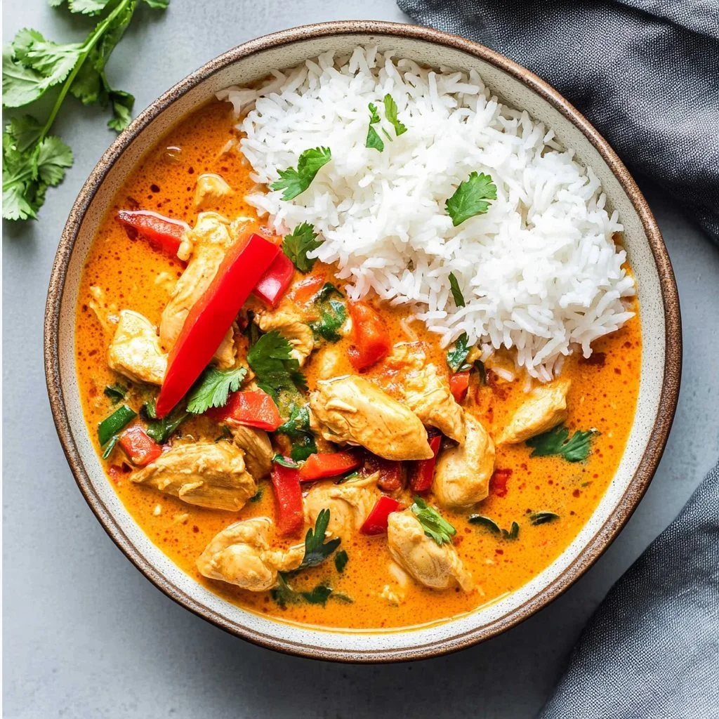 Thai Chicken Curry with Coconut Milk served in a bowl with fresh herbs