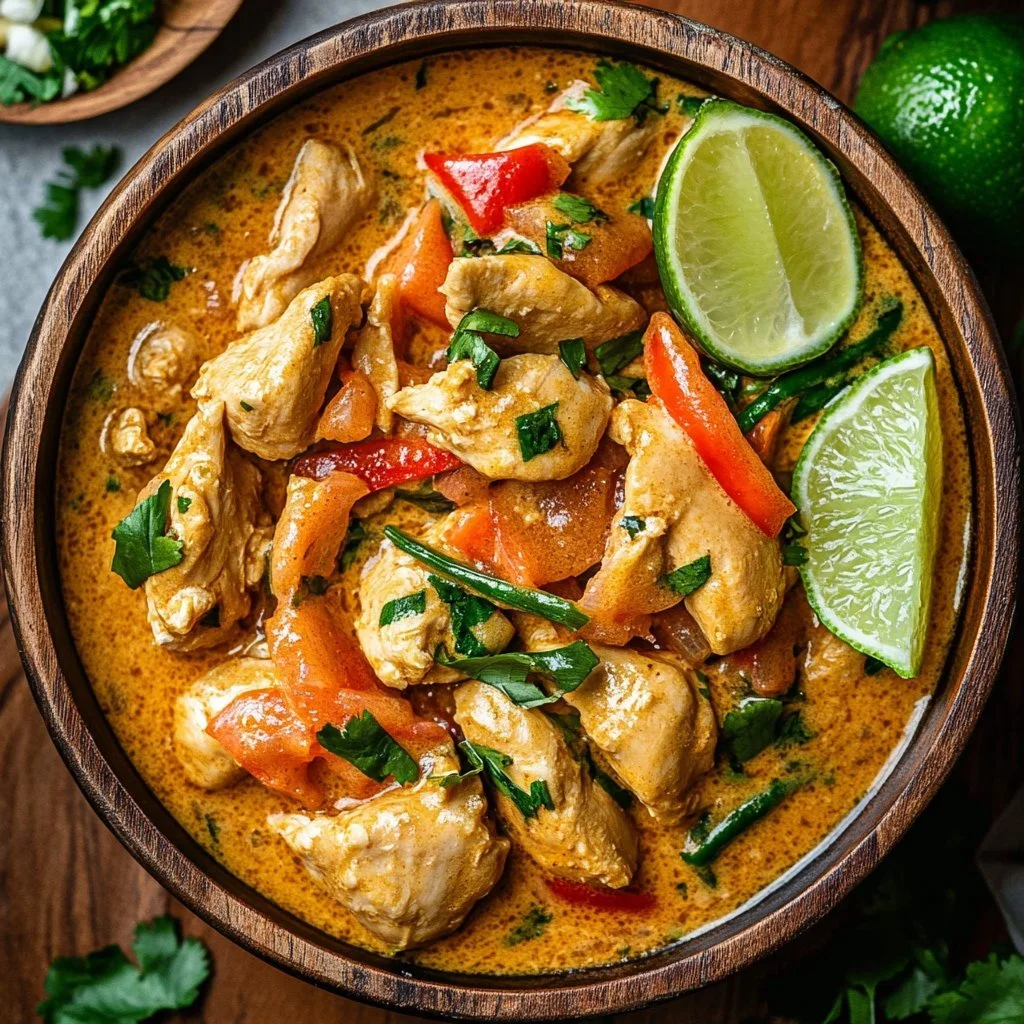 Delicious bowl of Thai Coconut Chicken garnished with fresh herbs