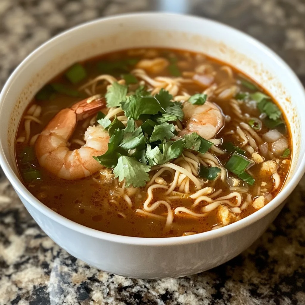 Bowl of authentic Thai Noodle Soup garnished with fresh herbs and lime.