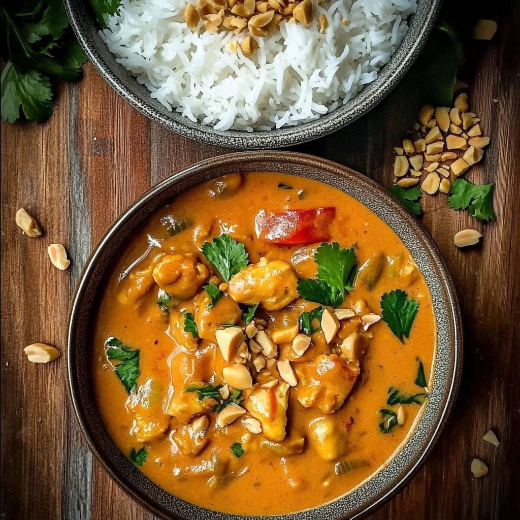 Bowl of flavorful Thai Peanut Curry with vegetables and rice