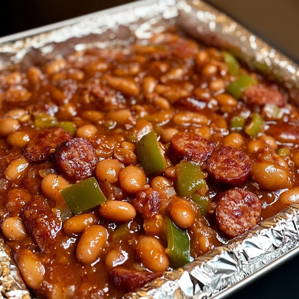 Deliciously loaded baked beans topped with bacon, cheese, and herbs